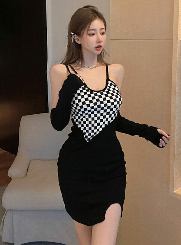 Fashion Sexy Plaids Splicing Straps Skinny Knitting Dress 3