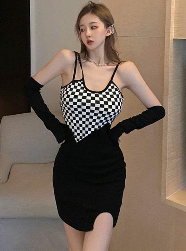 Fashion Sexy Plaids Splicing Straps Skinny Knitting Dress 1