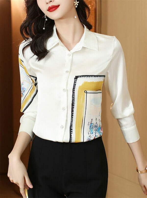 Fashion Shirt Collar Printings Long Sleeve Blouse 1