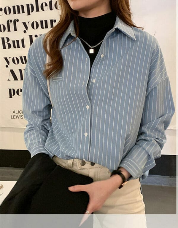 Fashion Shirt Collar Stripes Oversize Long Blouse 4