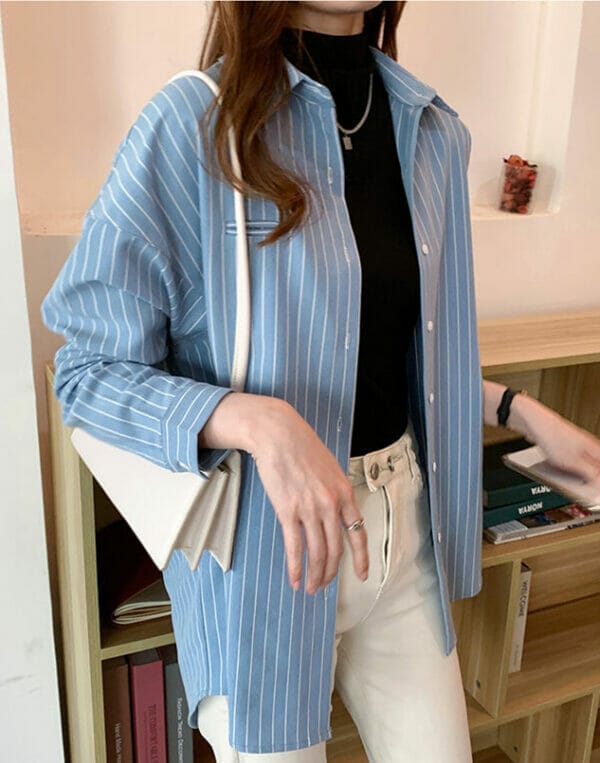 Fashion Shirt Collar Stripes Oversize Long Blouse 2