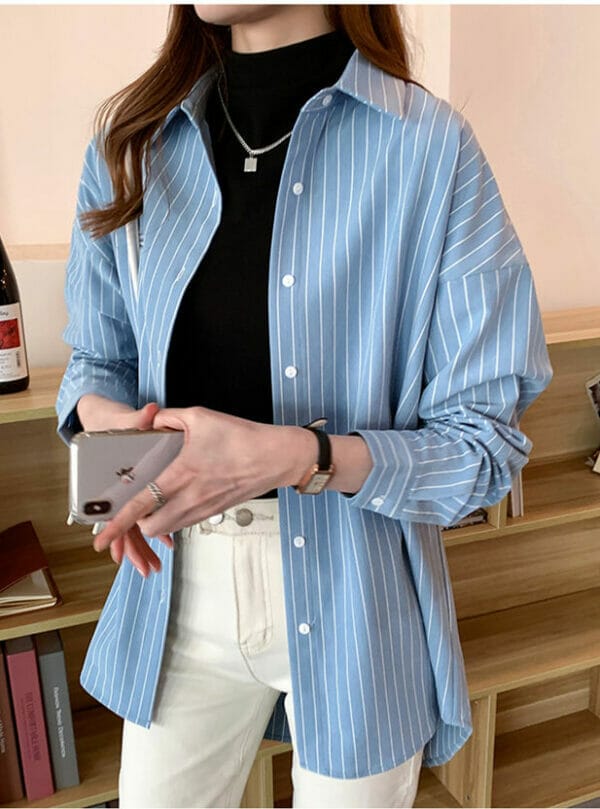 Fashion Shirt Collar Stripes Oversize Long Blouse 1