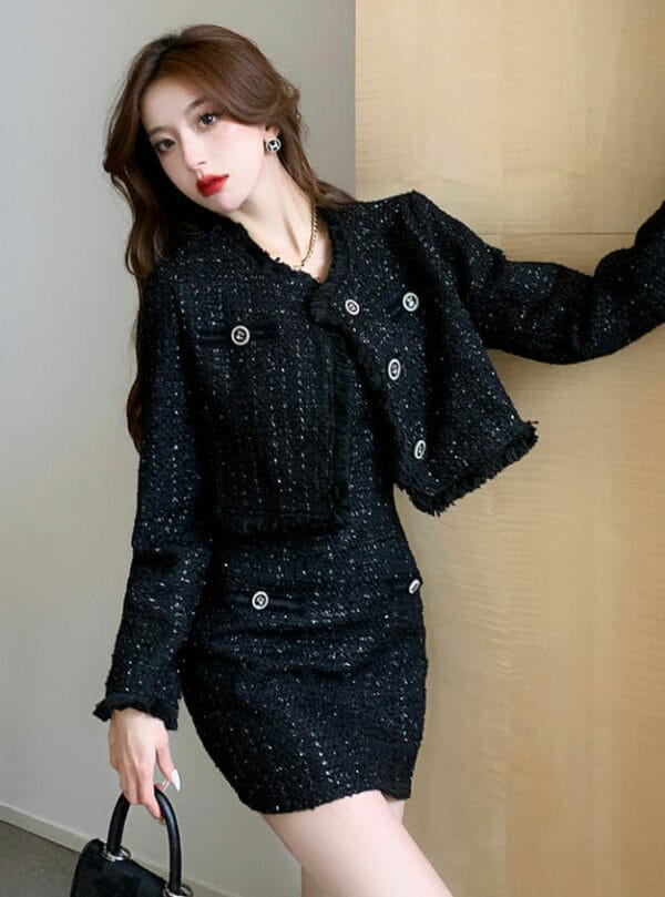 Fashion Single-breasted Tweed Coat with Straps Slim Dress 2