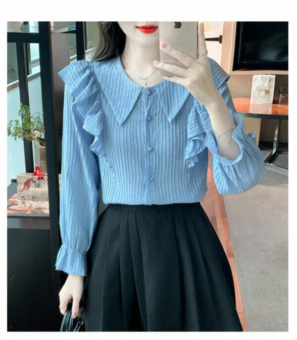 Fashion Spring Doll Collar Flouncing Stripes Blouse 5