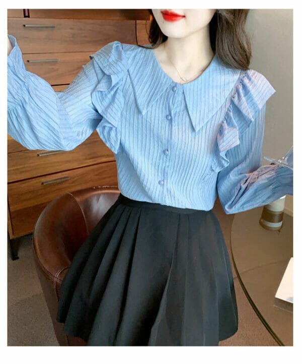 Fashion Spring Doll Collar Flouncing Stripes Blouse 4