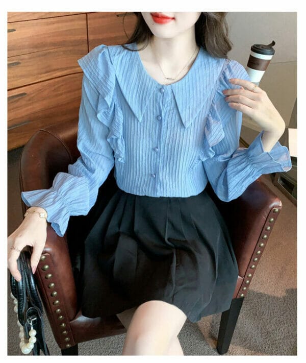 Fashion Spring Doll Collar Flouncing Stripes Blouse 3