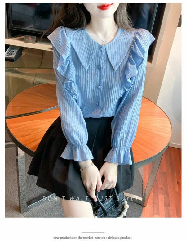 Fashion Spring Doll Collar Flouncing Stripes Blouse 2