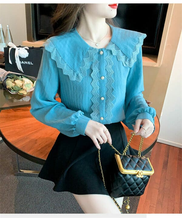 Fashion Spring Doll Collar Puff Sleeve Loosen Blouse 4