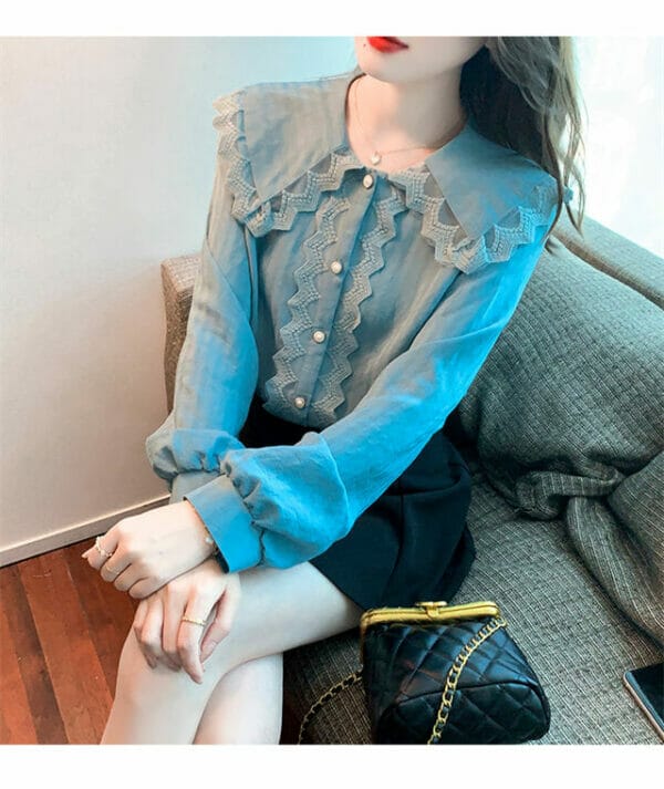 Fashion Spring Doll Collar Puff Sleeve Loosen Blouse 2