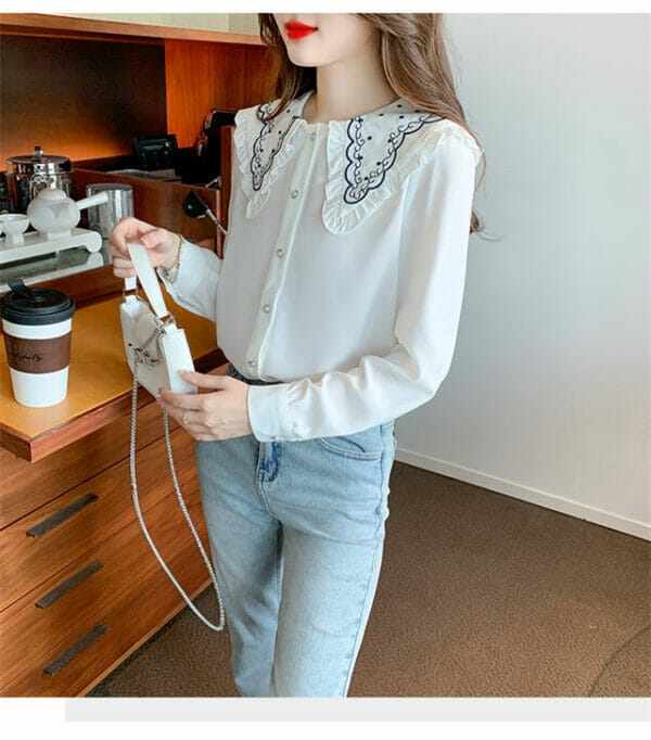 Fashion Spring Embroidery Doll Collar Puff Sleeve Blouse 4