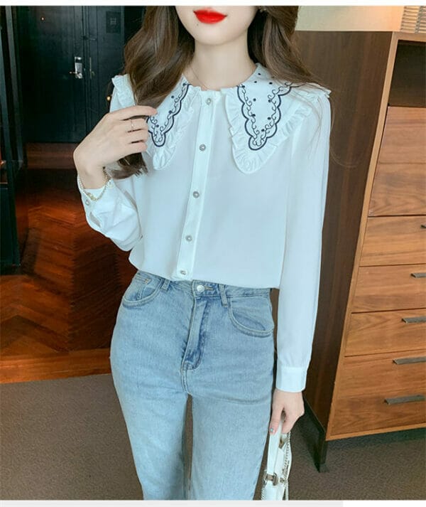 Fashion Spring Embroidery Doll Collar Puff Sleeve Blouse 2