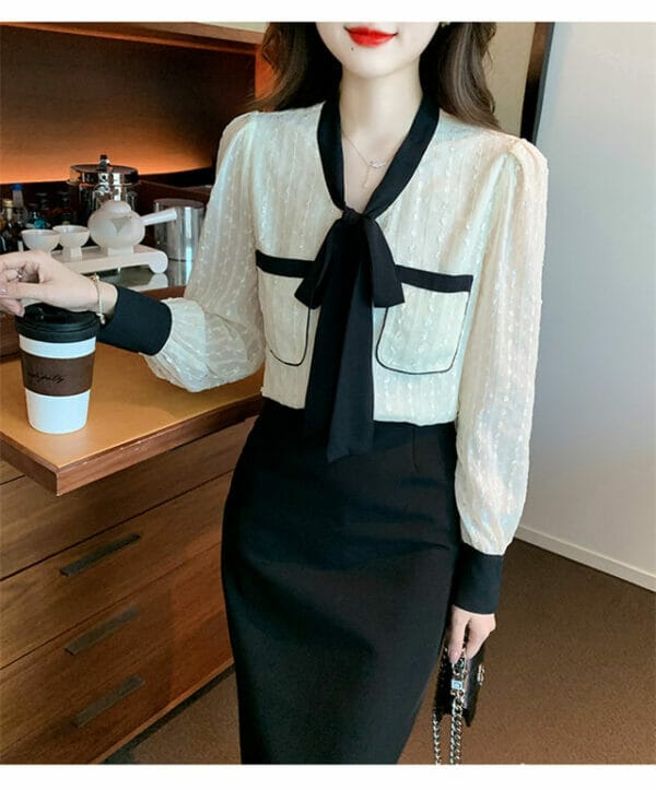 Fashion Spring Tie Bowknot Collar Loosen Chiffon Blouse 3