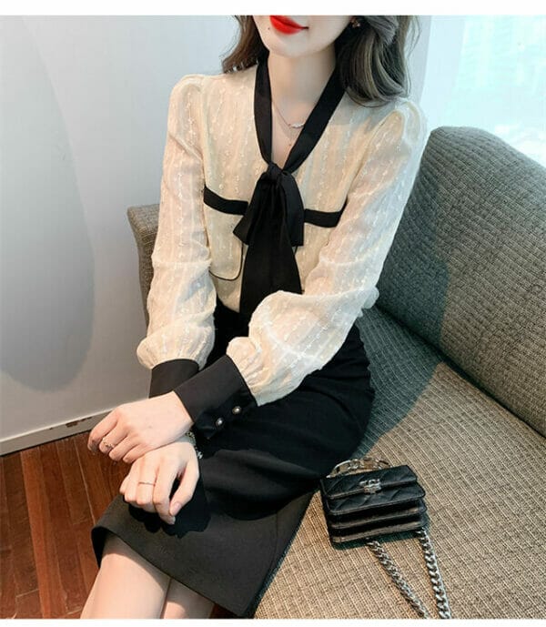 Fashion Spring Tie Bowknot Collar Loosen Chiffon Blouse 2