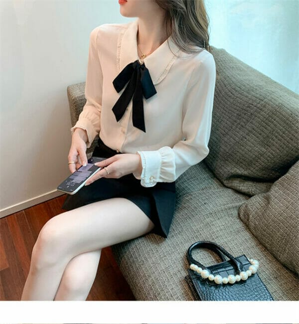 Fashion Spring Tie Bowknot Doll Collar Long Sleeve Blouse 4