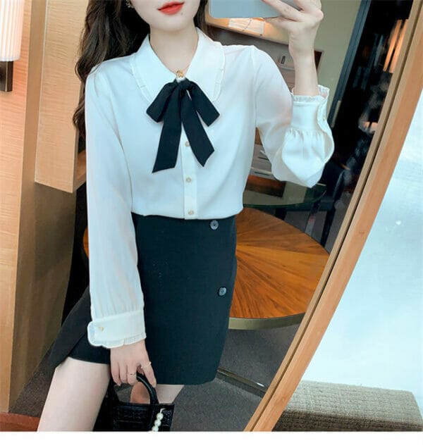 Fashion Spring Tie Bowknot Doll Collar Long Sleeve Blouse 3