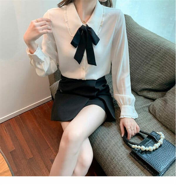 Fashion Spring Tie Bowknot Doll Collar Long Sleeve Blouse 2