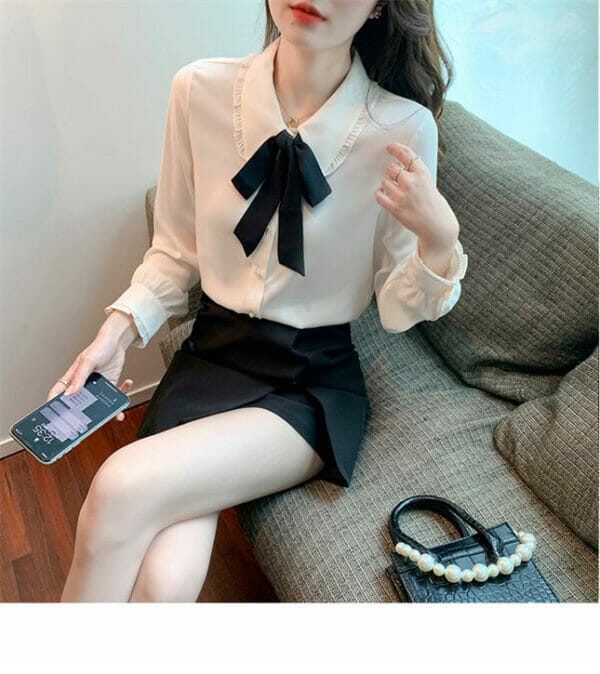 Fashion Spring Tie Bowknot Doll Collar Long Sleeve Blouse 1