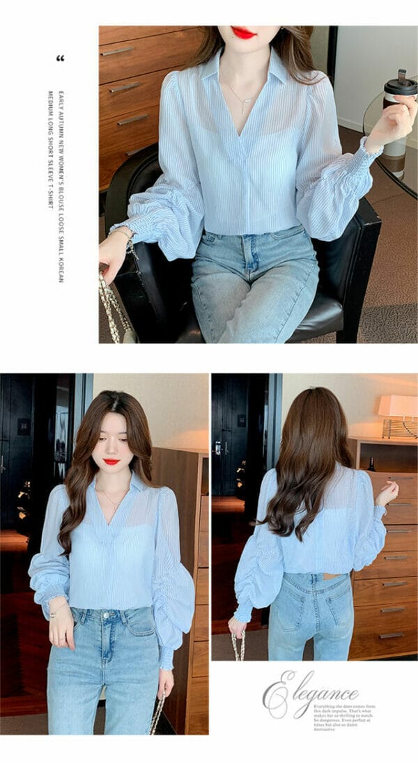 Fashion Spring V-neck Stripes Puff Sleeve Loosen Blouse 6