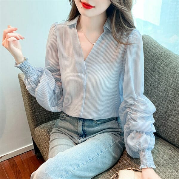 Fashion Spring V-neck Stripes Puff Sleeve Loosen Blouse 4