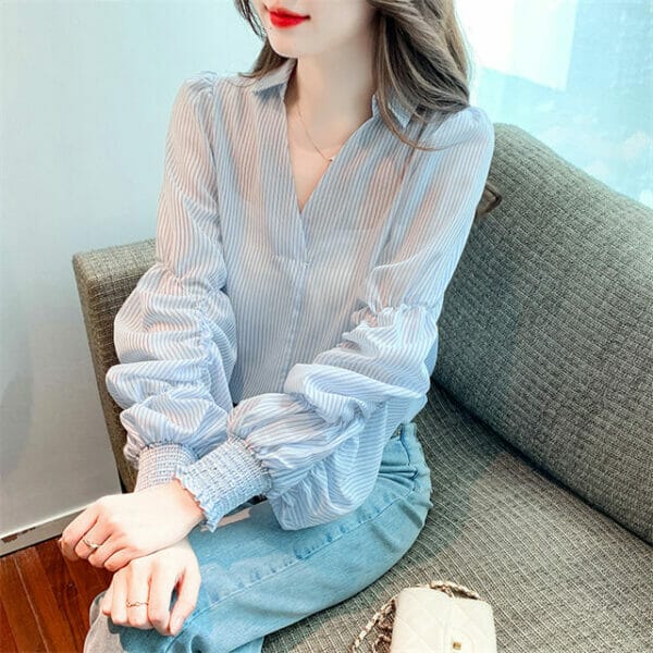 Fashion Spring V-neck Stripes Puff Sleeve Loosen Blouse 3