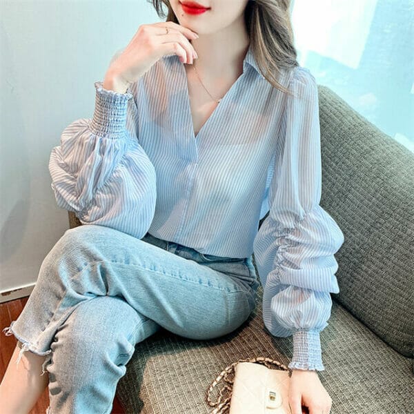 Fashion Spring V-neck Stripes Puff Sleeve Loosen Blouse 2