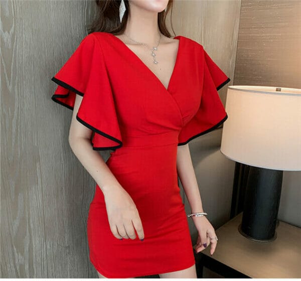 Fashion Summer 2 Colors V-neck Flouncing Slim Dress 2