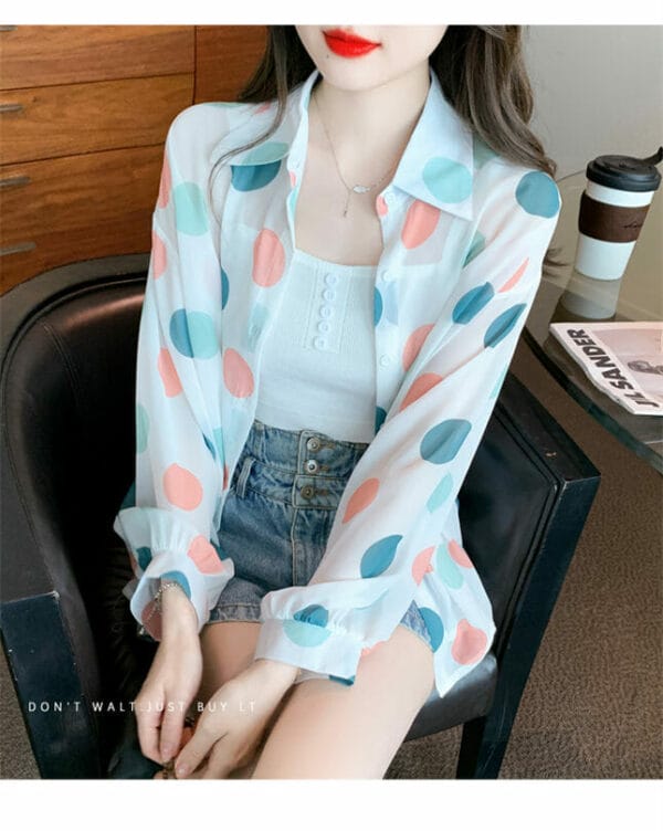 Fashion Summer Colorful Circles Puff Sleeve Chiffon Blouse 5