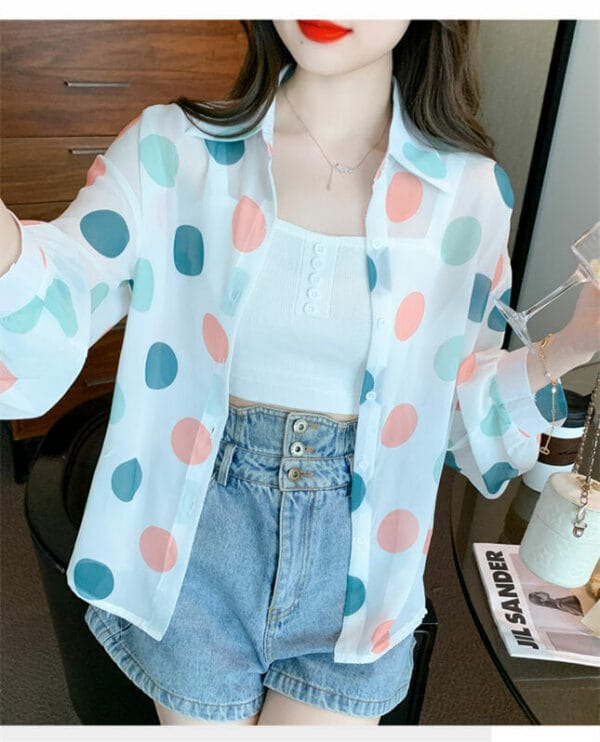 Fashion Summer Colorful Circles Puff Sleeve Chiffon Blouse 4