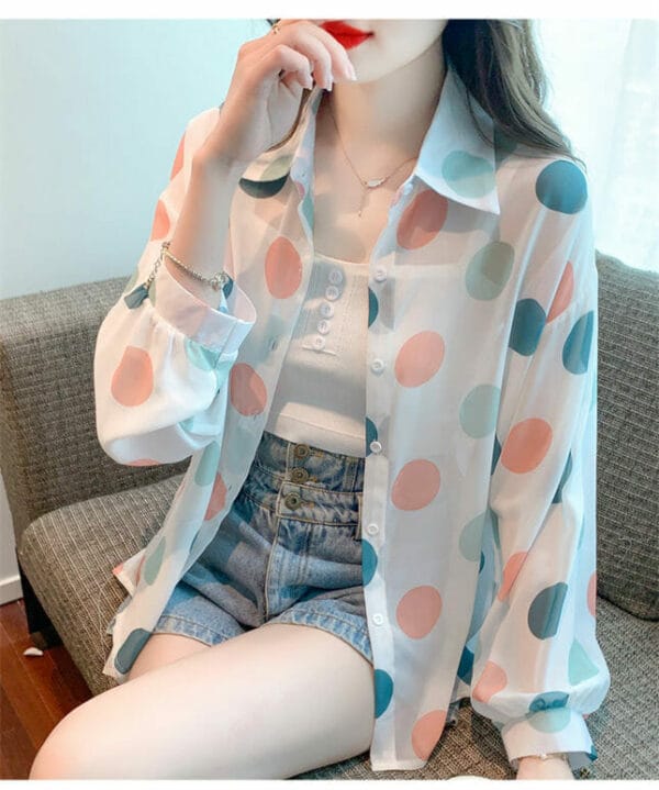 Fashion Summer Colorful Circles Puff Sleeve Chiffon Blouse 3