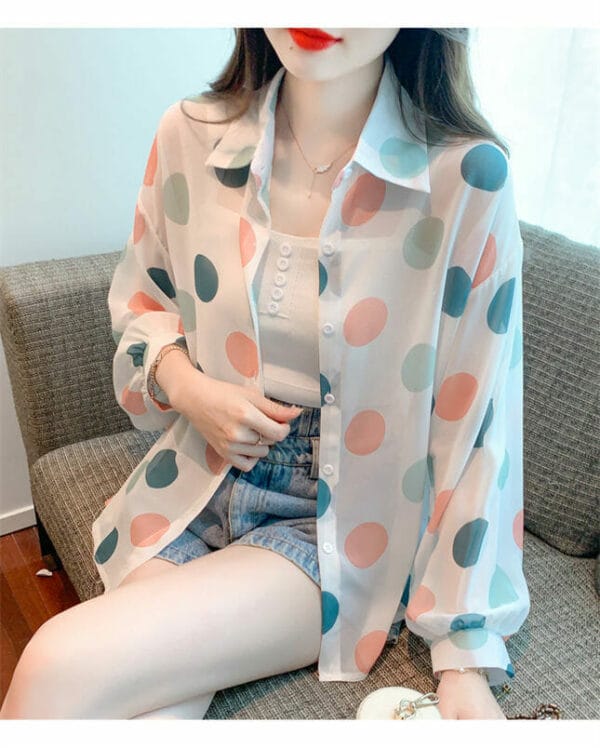 Fashion Summer Colorful Circles Puff Sleeve Chiffon Blouse 2