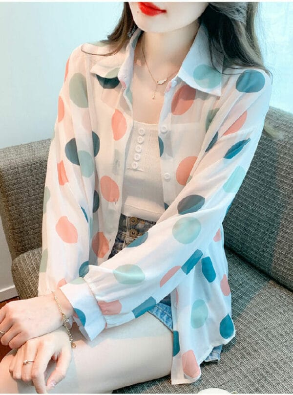 Fashion Summer Colorful Circles Puff Sleeve Chiffon Blouse 1