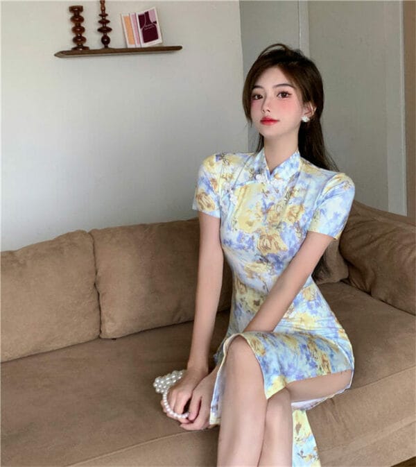 Fashion Summer Flowers Split Bodycon Cheongsam Dress 4