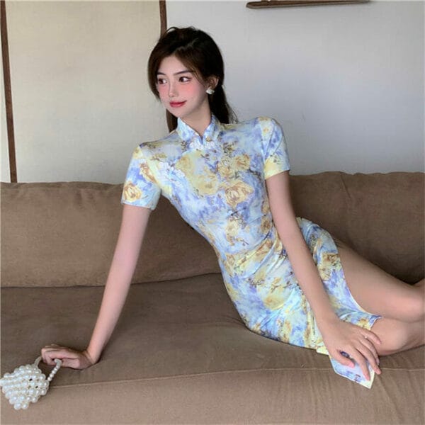 Fashion Summer Flowers Split Bodycon Cheongsam Dress 3