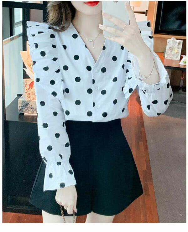 Fashion V-neck Flouncing Shoulder Dots Long Sleeve Blouse 5