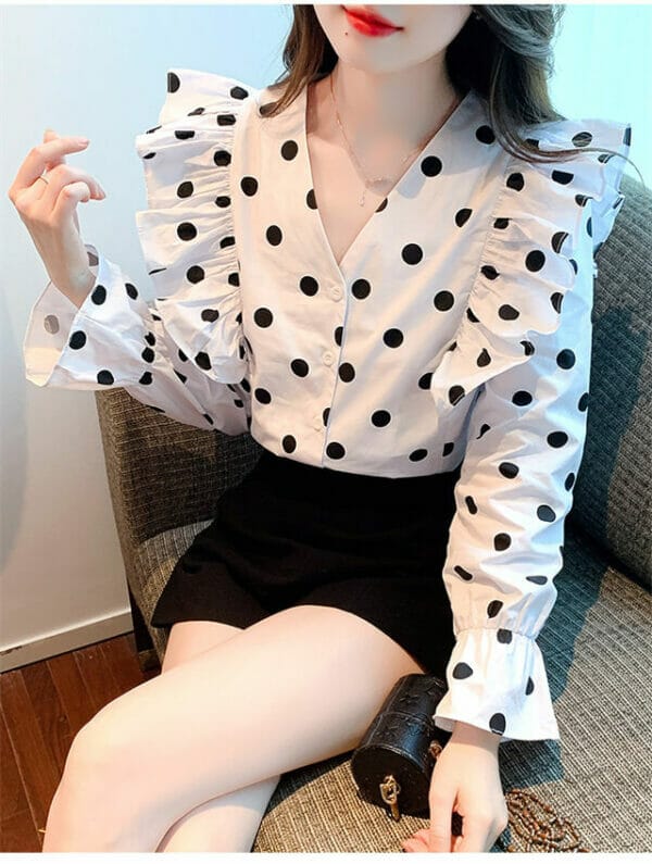 Fashion V-neck Flouncing Shoulder Dots Long Sleeve Blouse 4