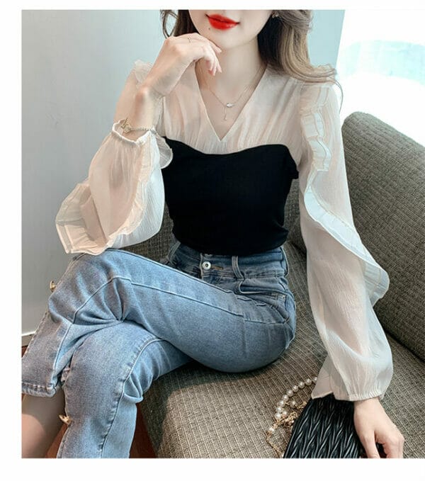 Fashion V-neck Flouncing Sleeve Splicing Blouse 4