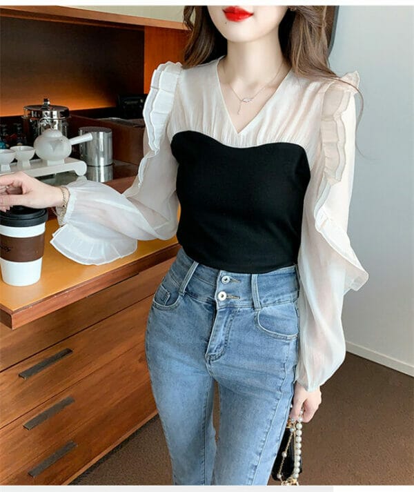 Fashion V-neck Flouncing Sleeve Splicing Blouse 2