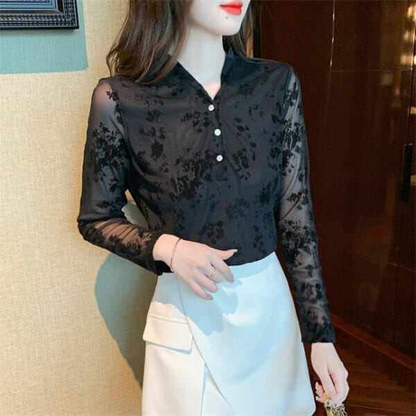 Fashion V-neck Lace Splicing Long Sleeve Blouse 5