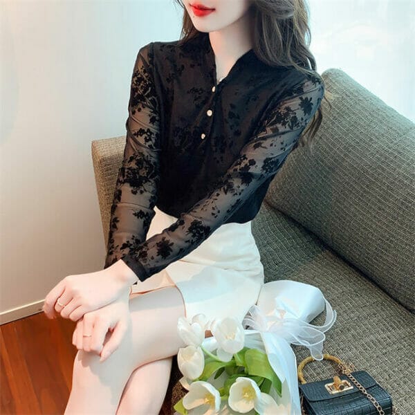 Fashion V-neck Lace Splicing Long Sleeve Blouse 2