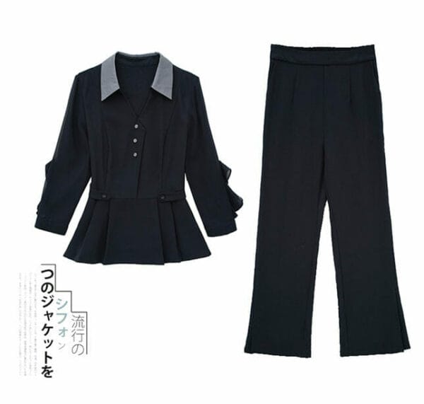 Fashion Women 2 Colors Shirt Collar Pleated Tops with Long Pants 7