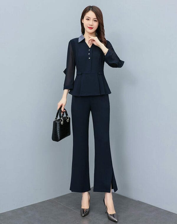 Fashion Women 2 Colors Shirt Collar Pleated Tops with Long Pants 4