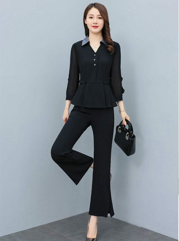 Fashion Women 2 Colors Shirt Collar Pleated Tops with Long Pants 3