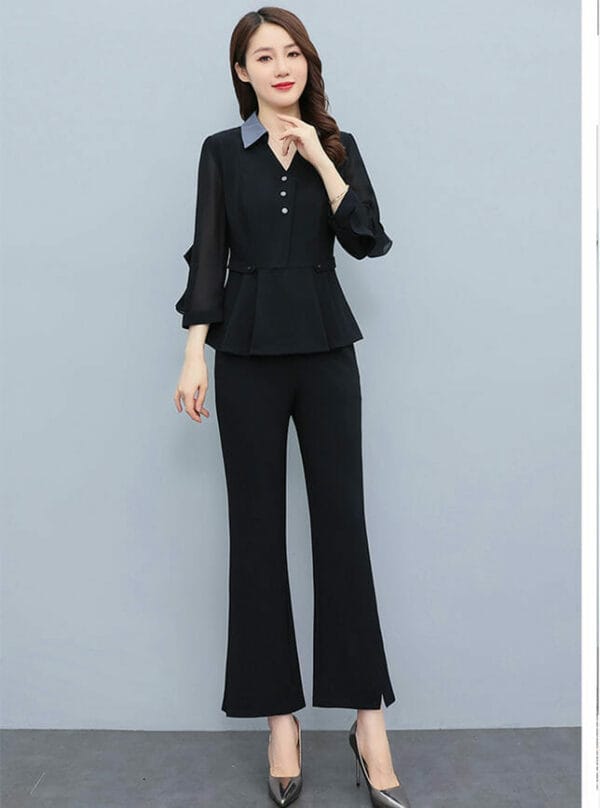 Fashion Women 2 Colors Shirt Collar Pleated Tops with Long Pants 2