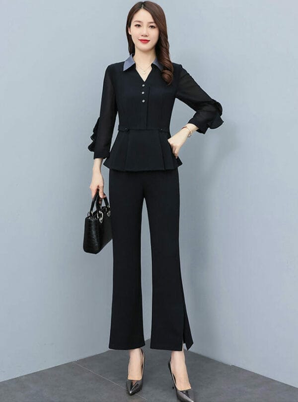 Fashion Women 2 Colors Shirt Collar Pleated Tops with Long Pants 1