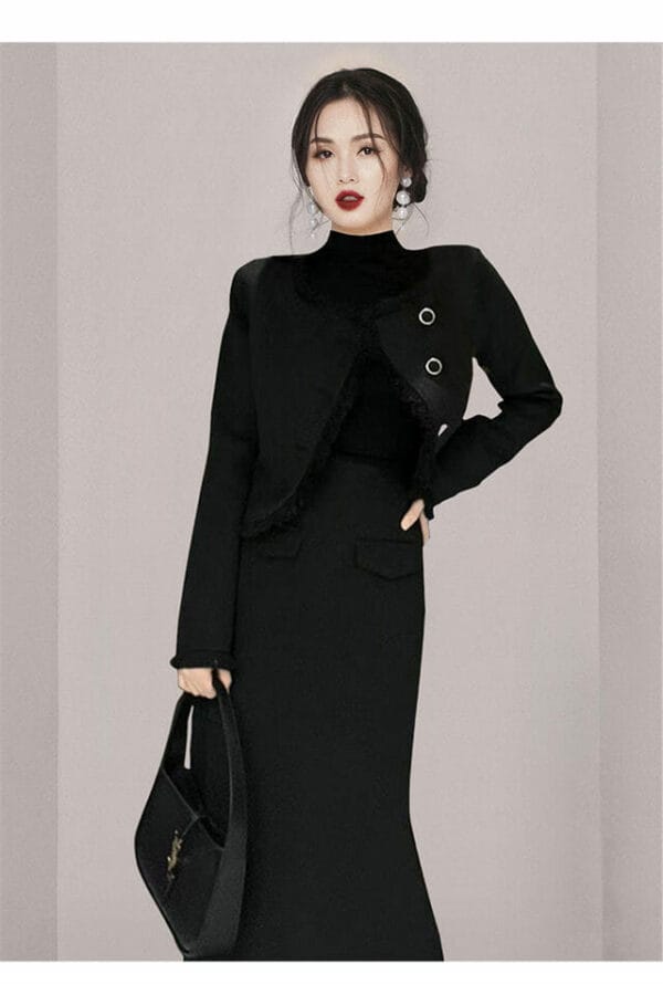 Fashion Women 2 Colors Tassels Woolen Coat with Long Skirt 4