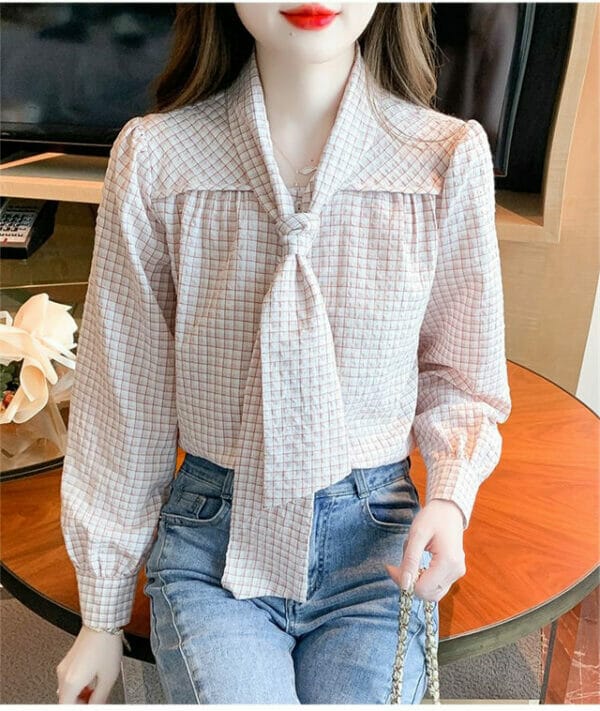 Fashion Women 2 Colors Tie Bowknot Collar Loosen Blouse 5