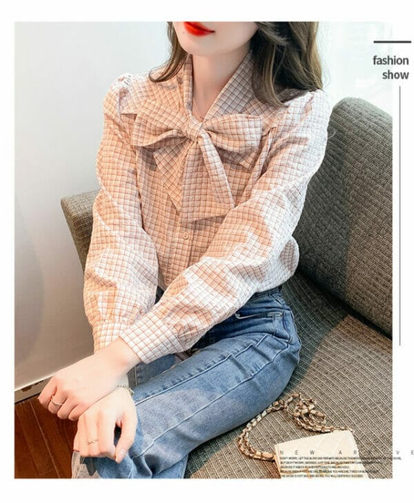 Fashion Women 2 Colors Tie Bowknot Collar Loosen Blouse 4