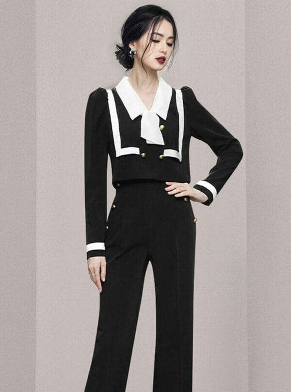 Fashion Women 2 Colors Tie Collar Double-breasted Slim Long Suits 3