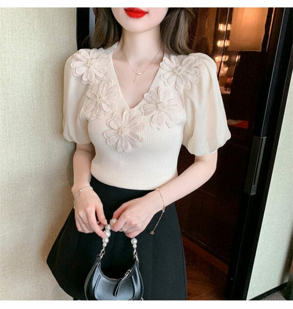 Fashion Women Beads Flowers V-neck Puff Sleeve Knit Blouse 4