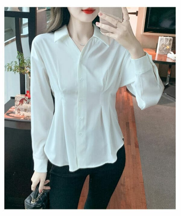 Fashion Women Buttons Shirt Collar Fitted Waist Puff Sleeve Blouse 5